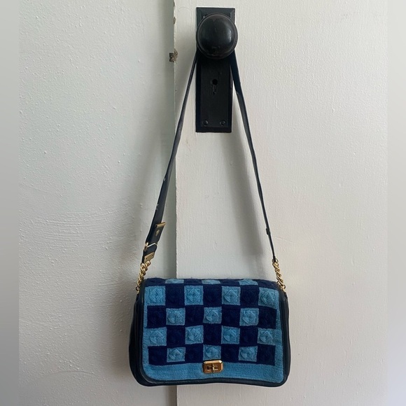 Vintage Needlepoint and Leather Blue Shoulder Bag - Picture 2 of 11